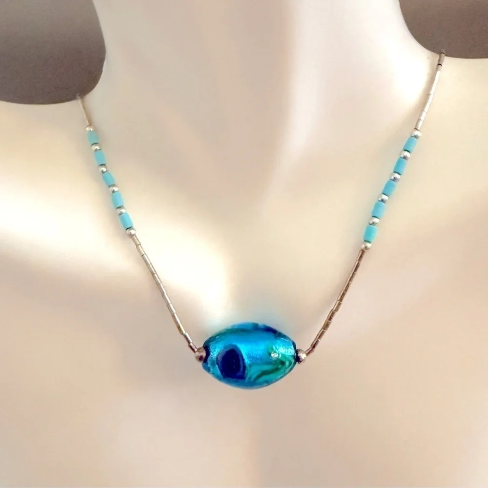 Southwestern Liquid Silver Turquoise Murano Glass Necklace